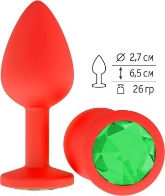 Красная анальная втулка с зеленым кристаллом - 7,3 см.  Цена 1 706 руб. Длина: 7.3 см. Диаметр: 2.7 см. Гладенькая силиконовая пробка с кристаллом в ограничительном основании. Рабочая длина - 6,5 см. Вес - 26 гр. Страна: Россия. Материал: силикон.