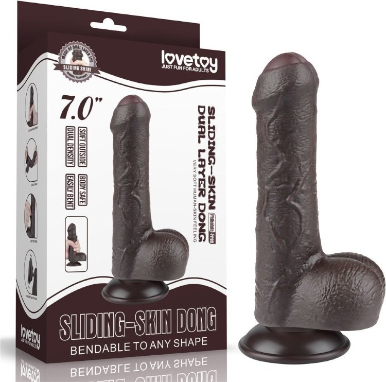 Коричневый фаллоимитатор 7 Sliding Skin Dual Layer Dong на присоске - 18,3 см.