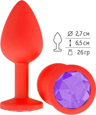Красная анальная втулка с фиолетовым кристаллом - 7,3 см.  Цена 1 706 руб. Длина: 7.3 см. Диаметр: 2.7 см. Гладенькая силиконовая пробка с кристаллом в ограничительном основании. Рабочая длина - 6,5 см. Вес - 26 гр. Страна: Россия. Материал: силикон.