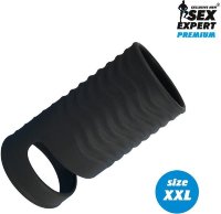 Черная открытая насадка на пенис с кольцом для мошонки XXL-size - 9,4 см.