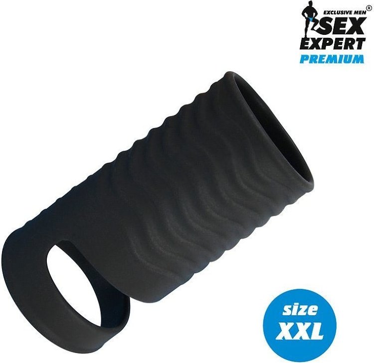 Черная открытая насадка на пенис с кольцом для мошонки XXL-size - 9,4 см.