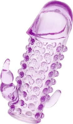 Закрытая фиолетовая насадка с 2 отростками - 13 см.  Цена 617 руб. Длина: 13 см. Диаметр: 4.2 см. Хотите подарить любимой самую потрясающую ночь в её жизни? Тогда просто натяните на пенис эту фиолетовую гелевую насадку. Благодаря ей удовольствие от проникновения в лоно будет в разы сильнее привычного. Всё это заслуга упругих шишечек, покрывающих насадку от головки и до самого основания. А также двух отростков: в форме зайчика и пальчика. Именно они дарят женщине клиторальный массаж и стимуляцию преданусной зоны. Страна: Китай. Материал: поливинилхлорид (ПВХ, PVC).