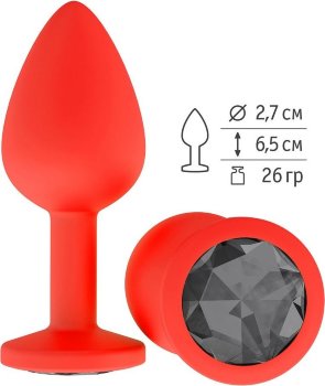 Красная анальная втулка с чёрным кристаллом - 7,3 см.