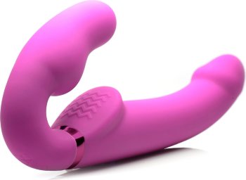 Розовый безремневой страпон с вибрацией и функцией расширения Inflatable Ergo-Fit Strapless Strap-On