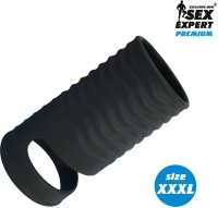Черная открытая насадка на пенис с кольцом для мошонки XXXL-size - 9,9 см.