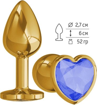 Золотистая анальная втулка с синим кристаллом-сердцем - 7 см.  Цена 2 281 руб. Длина: 7 см. Диаметр: 2.7 см. Небольшая анальная втулка выполнена из металла и имеет размеры, подходящие для ношения и использования новичками. Ограничитель (стоппер) в виде сердца и разноцветные стразы добавят игривости и красок в ваши игры. Металлическая анальная втулка прекрасно подойдет для игр с температурными режимами,так как ее можно нагревать и охлаждать по вашему желанию. Можно использовать с любыми видами лубрикантов. Анальная пробка упакована в пакет с фирменным логотипом, в комплекте есть мешочек для хранения. Рабочая длина - 6 см. Вес - 52 гр. Страна: Россия. Материал: металл.
