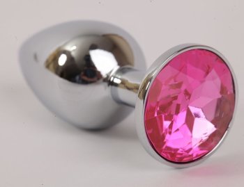 Серебряная металлическая анальная пробка с розовым стразиком - 8,2 см.