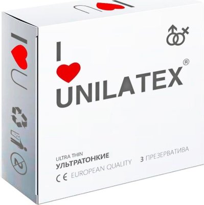 Ультратонкие презервативы Unilatex Ultra Thin - 3 шт.  Цена 339 руб. Длина: 19 см. Классические презервативы ультратонкого размера, гладкая поверхность, латекс телесного цвета, эргономичной формы, в натуральной гипоаллергенной смазке на основе силиконового масла. Особо чувствительные. В упаковке - 3 шт. Толщина стенки - 0,05 мм. Ширина - 54+/-2 мм. Страна: Малайзия. Материал: латекс. Объем: 3 шт.
