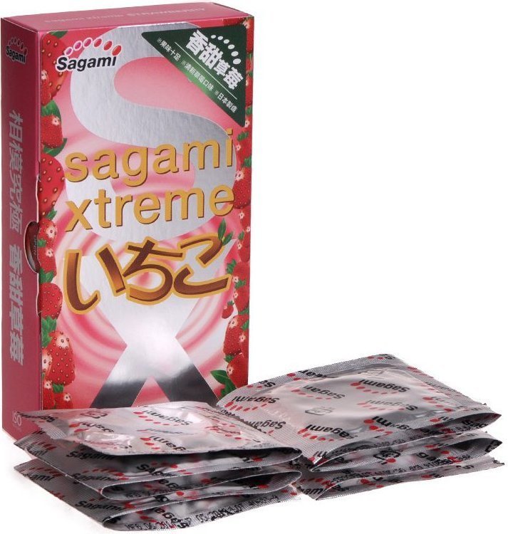 Презервативы Sagami Xtreme Strawberry c ароматом клубники - 10 шт.