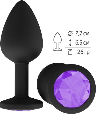 Чёрная анальная втулка с фиолетовым кристаллом - 7,3 см.  Цена 1 717 руб. Длина: 7.3 см. Диаметр: 2.7 см. Гладенькая силиконовая пробка с кристаллом в ограничительном основании. Рабочая длина - 6,5 см. Вес - 26 гр. Страна: Россия. Материал: силикон.