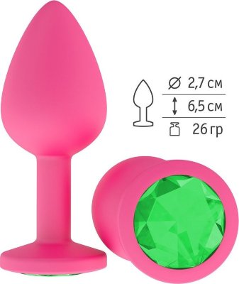 Розовая анальная втулка с зеленым кристаллом - 7,3 см.  Цена 1 588 руб. Длина: 7.3 см. Диаметр: 2.7 см. Гладенькая силиконовая пробка с кристаллом в ограничительном основании. Рабочая длина - 6,5 см. Вес - 26 гр. Страна: Россия. Материал: силикон.