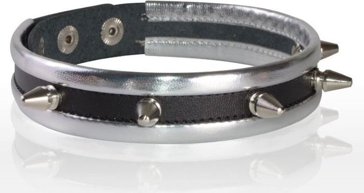 Серебристо-черный узкий ошейник с шипами