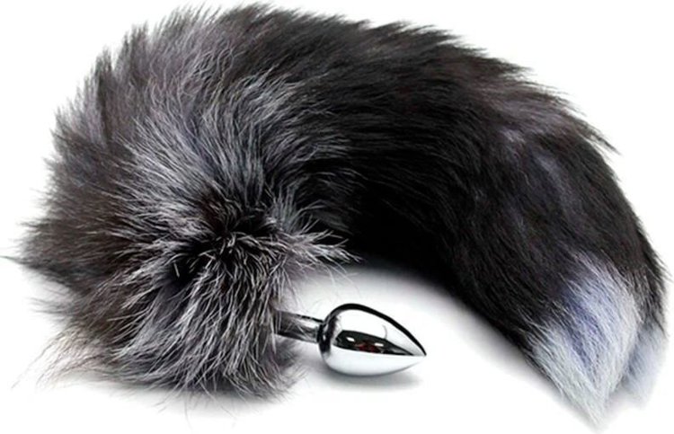 Серебристая анальная пробка с темным лисьим хвостом Black White Fox Tail Size S