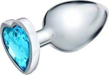 Серебристая коническая анальная пробка с голубым кристаллом-сердечком - 9 см.