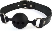 Силиконовый кляп-шар с ремешками из натуральной кожи черного цвета