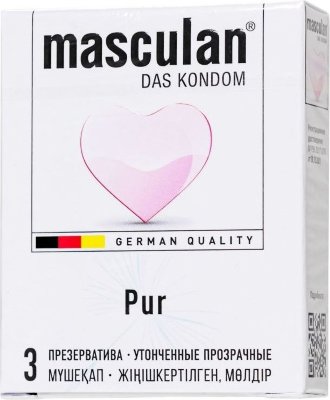 Супертонкие презервативы Masculan Pur - 3 шт.  Цена 564 руб. Длина: 18.5 см. Masculan Pur – супертонкие презервативы, поднимающие уровень естественных ощущений на максимум. Латексная стенка на 20% тоньше, чем у классических, и не влияет на эффективность защиты, сохраняя прочность, плотность и непроницаемость презерватива для инфекций. Дополнительное количество смазки повышает комфорт полового акта. Нежная поверхность воссоздает естественные ощущения кожи, увеличивая наслаждение обоих партнеров. Masculan – это презервативы премиум-класса, разработанные в Германии с соблюдением высочайших стандартов качества и дизайна. Немецкое производство, высококачественное сырье, и электронное 6 ступенчатое тестирование каждого презерватива обеспечивают безопасность и надежность. Невидимые тонкие презервативы с розовым оттенком. Приятный легкий аромат. 100% натуральный каучуковый латекс. Цилиндрическая форма с накопителем. Гипоаллергенная силиконовая смазка премиум-качества. В упаковке - 3 шт. Номинальная ширина - 53 мм. Толщина стенки - 0,05 мм. Страна: Германия. Материал: латекс. Объем: 3 шт.