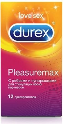 Рельефные презервативы с точками и рёбрами Durex Pleasuremax - 12 шт.  Цена 3 954 руб. Прозрачные презервативы со смазкой, особая форма с накопителем. Специальная анатомическая форма «Easy-on». Дерматологически протестированы. 100% проверены электроникой. Презервативы Durex Pleasuremax — это ребристые презервативы с точечной структурой для максимальной стимуляции обоих партнеров.Ребра расположены у основания презерватива, обеспечивая дополнительное воздействие на клитор. В упаковке - 12 шт. Номинальная ширина - 56 мм. Страна: Великобритания. Материал: латекс. Объем: 12 шт.