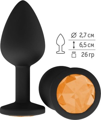Чёрная анальная втулка с оранжевым кристаллом - 7,3 см.  Цена 1 706 руб. Длина: 7.3 см. Диаметр: 2.7 см. Гладенькая силиконовая пробка с кристаллом в ограничительном основании. Рабочая длина - 6,5 см. Вес - 26 гр. Страна: Россия. Материал: силикон.