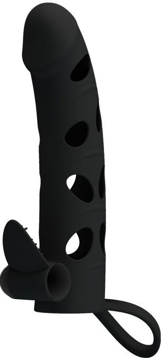 Чёрная закрытая насадка на пенис с вибрацией - 15,2 см.