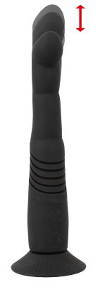 Черный вибратор с поступательными движениями G and P-Spot Thrusting Vibrator - 23 см.  Цена 14 455 руб. Длина: 23 см. Диаметр: 3.7 см. Вибратор для надавливания на точки G и P со съемным основанием для присоски. Гибкий вибратор для надавливания создан по образцу идеально изогнутого, гибкого пальца, чтобы легко добраться до вагинальной точки G или анальной точки P (простаты). Силиконовый вибратор скользит в интимные зоны шелковисто и плавно, как по волшебству. Возбуждающие сильные толчки и мощная вибрация побалуют богатые нервами точки удовольствия. Для необычайно интенсивных оргазмов во время соло- или парной игры! 2 мощных и тихих моторчика обеспечивают удобному вибратору надежную работу. 9 режимов вибрации и 9 скоростей толчков (на длине 3 см) удобно регулируются нажатием кнопки прямо на игрушке - по отдельности или в комбинации. Благодаря присасывающемуся основанию вибратор абсолютно безопасен для анального использования и не может проскользнуть внутрь. Кроме того, основание на присоске прочно и надежно прилипает к гладким поверхностям, что позволяет использовать вибратор без рук. С помощью присоски вибратор можно быстро и легко вставить в страпон или ремни. Основание присоски можно открутить. Перезаряжаемый - USB-кабель для зарядки входит в комплект. Рабочая длина - 15 см. Страна: Китай. Материал: силикон. Батарейки: встроенный аккумулятор.