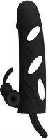 Чёрная насадка с клиторальным вибростимулятором и закрытой головкой - 14 см.