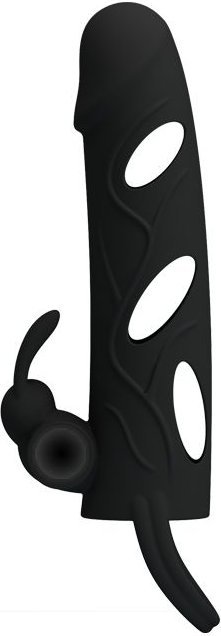 Чёрная насадка с клиторальным вибростимулятором и закрытой головкой - 14 см.