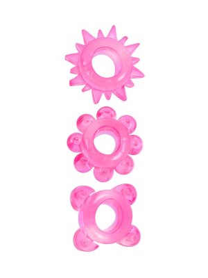 Комплект из 3 розовых эрекционных колец  Цена 455 руб. Эрекционное кольцо обеспечит продолжительную эрекцию и поможет продлить интимную близость. «Отростки» на внешней поверхности секс-игрушки будут стимулировать интимные зоны партнёрши. Эрекционное кольцо хорошо тянется. Изготовлено из приятного на ощупь материала. Просто в использовании и уходе. В наборе 3 эрекционных кольца с различным рельефом. Страна: Китай. Материал: термопластичная резина (TPR).