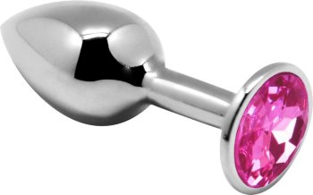 Серебристая анальная втулка с розовым кристаллом Mini Metal Butt L - 9 см.