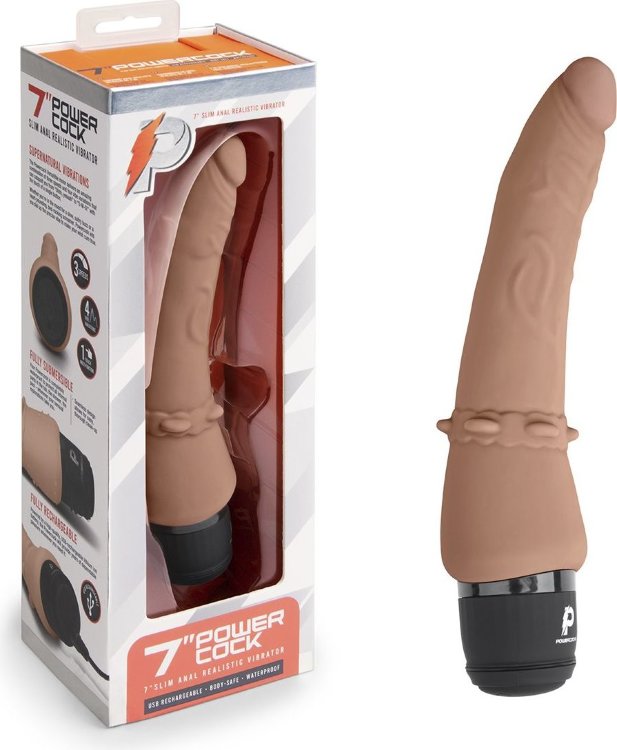 Кофейный анальный вибратор 7 Slim Anal Realistic Vibrator - 20 см.