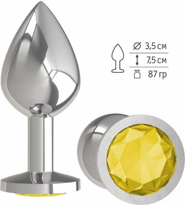Серебристая средняя пробка с желтым кристаллом - 8,5 см.  Цена 2 573 руб. Длина: 8.5 см. Диаметр: 3.5 см. Гладенькая металлическая пробка с кристаллом в ограничительном основании. Рабочая длина - 7,5 см. Вес - 87 гр. Страна: Россия. Материал: металл.