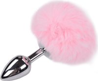 Серебристая анальная втулка с розовым хвостиком Alive Metal Anal Fluffly Plug S