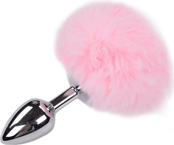 Серебристая анальная втулка с розовым хвостиком Alive Metal Anal Fluffly Plug S