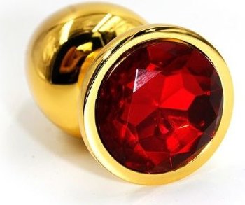 Золотистая алюминиевая анальная пробка с красным кристаллом - 6 см.