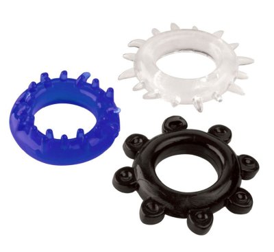 Набор из 3 эрекционных колец разного цвета и рельефа  Цена 1 179 руб. Диаметр: 3 см. Эрекционные кольца изготовлены из очень эластичного материала. Они подходят для любого пениса. Набор из 3 эрекционных колец разного цвета: прозрачное, синее, черное. Страна: Польша. Материал: термопластичный эластомер (TPE).