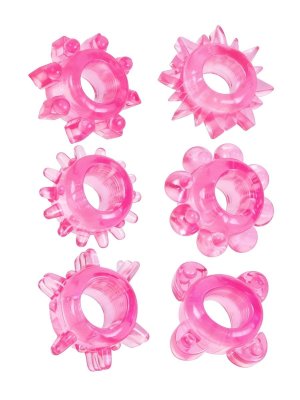 Набор из 6 розовых эрекционных колец с различным рельефом  Цена 731 руб. Эрекционное кольцо обеспечит продолжительную эрекцию и поможет продлить интимную близость. «Отростки» на внешней поверхности секс-игрушки будут стимулировать интимные зоны партнёрши. Эрекционное кольцо хорошо тянется. Изготовлено из приятного на ощупь материала. В наборе 6 колец с различным рельефом. Страна: Китай. Материал: термопластичная резина (TPR).