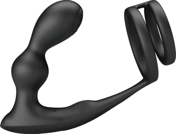 Черный вибростимулятор простаты с фиксацией кольцами Marshall