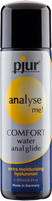 Анальный лубрикант pjur ANALYSE ME Comfort Water Anal Glide - 250 мл.  Цена 12 253 руб. Расслабляющий анальный гель на водной основе с экстра длительным скольжением. Содержит гиалуроновую кислоту, которая способствует увлажнению кожных тканей, регенерации слизистой половых органов. Гиалурон образует своеобразную водную подушку для поддержания долгосрочного смазочного эффекта. Лубрикант обеспечивает повышенное и долгое увлажнение, в то же время, не способствует липкости. Лубрикант без вкуса и запаха. Отлично подходит для ярых любителей анального секса. Безопасен для использования с презервативом. Рекомендуется использовать с Pjur® analyse me! spray. Лубрикант наносится непосредственно перед половым контактом на половые органы и/или область анального отверстия. Не снижает чувствительность. Страна: Германия. Объем: 250 мл.