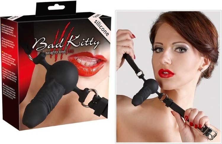 Чёрный силиконовый кляп-фаллос Bad Kitty