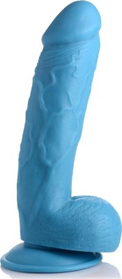 Голубой фаллоимитатор на присоске 8.25 Dildo with Balls - 22,8 см. Длина: 22.8 см. Диаметр: 4.8 см. Яркий фаллос, который покоряет своим цветом и внешним видом с первого взгляда. Нежная головка, упругий ствол с рельефом из вен и складок, мясистая мошонка - этим красавцем можно просто любоваться. Но все эти элементы совсем не для красоты. Головка такой формы обеспечивает комфортное проникновение, натуральный рельеф хорошо промассирует каждый сантиметр вагины, а мошонка добавит стимуляции клитору при каждом глубоком проникновении и гарантирует, что фаллос не проникнет глубже. Крепкая присоска в основании освободит руки для шалостей и даст возможность поэкспериментировать с позами. Просто закрепите член на подходящей поверхности под желаемым углом. Фаллоимитатор сделан из качественного материала безопасного для здоровья. Не содержит в составе вредных веществ и не вызывает аллергических реакций. У фаллоса приятная гладкая поверхность. Рабочая длина - 17,8 см. Страна: Китай. Материал: поливинилхлорид (ПВХ, PVC).