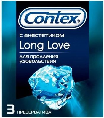 Презервативы с продлевающей смазкой Contex Long Love - 3 шт.  Цена 878 руб. Длина: 18 см. Наверное, многие хоть раз в своей жизни сожалели о том, что блаженство от общения с любимым человеком прервалось слишком рано. А так хотелось, чтобы это длилось вечность или, хотя бы, до утра. CONTEX Long Love, который обработан специальной смазкой – анестетиком BENZOCAINE, снизит чувствительность рецепторов пениса, что позволит продлить удовольствие, не снижая желания. Ширина - 52 мм. Толщина стенки - 0,06 мм. В упаковке - 3 шт. Страна: Франция. Материал: латекс. Объем: 3 шт.