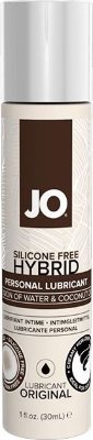 Водно-масляный лубрикант JO Silicon free Hybrid Lubricant ORIGINAL- 30 мл.  Цена 2 124 руб. Лубрикант на водно-масляной основе JO Hybrid Lubricant. Уникальная формула для большего удовольствия и максимального комфорта. Разрабатывая гибридный лубрикант компания SYSTEM JO учла все пожелания покупателей: длительное и шелковистое скольжение. Не совместим с презервативами из латекса. Хранение: держать в закрытом виде хранить в сухом месте при температуре не ниже 5С и не выше 25С. Water (Aqua), Propylene Glycol, Caprylic/Capric Triglyceride, Cocos Nucifera (Coconut) Oil, Flavor (Aroma), Phenoxyethanol, Polyacrylate 13, Cellulose Gum, Raphanus Sativus (Radish) Seed Extract, Polyisobutene, Polysorbate 20, PEG-45M. Страна: США. Объем: 30 мл.