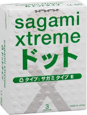 Презервативы Sagami Xtreme Type-E с точками - 3 шт.  Цена 768 руб. Длина: 19 см. С презервативами Sagami Xtreme Type-E сексуальная близость будет не только защищённой, но и чувственной. Точки на поверхности кондома с расширенной головкой обеспечат самую сладострастную вагинальную стимуляцию! Малая толщина (0,04 мм) и высокая надёжность даже во время самого страстного секса – и как не попробовать их в деле? Расширенные в области головки, эти презервативы максимально комфортны в использовании, а точечная поверхность усиливает ощущения. Удивительно эластичные и мягкие презервативы. В упаковке - 3 шт. Толщина стенки - 0,04 мм. Номинальная ширина - 52 мм. Страна: Япония. Материал: латекс. Объем: 3 шт.