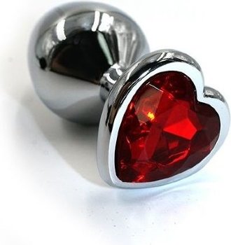 Серебристая анальная пробка с красным кристаллом-сердцем - 8,2 см.