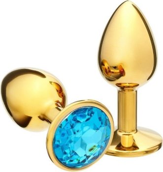 Золотистая анальная пробка с голубым кристаллом - 7 см.