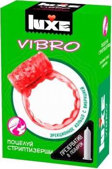 Розовое эрекционное виброкольцо Luxe VIBRO Поцелуй стриптизёрши + презерватив