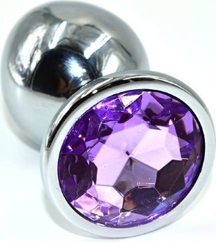 Серебристая анальная пробка из нержавеющей стали с фиолетовым кристаллом - 10 см.