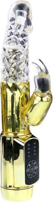 Золотистый вибратор Gold Rabbit Prince с ротацией - 21,5 см.