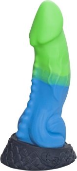 Голубой фаллоимитатор Ночная Фурия Medium с зелёным кончиком - 24,5 см.