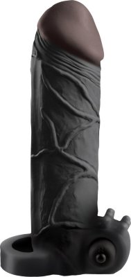 Чёрная вибронасадка с кольцом Vibrating Real Feel 2 Extension - 16 см. Длина: 16 см. Диаметр: 4.5 см. Реалистичная вибронасадка с выделяющимися венами, складками, ярко выраженной головкой. Изготовлена из супер-эластичного Fanta Flesh материала. Материал не содержит фталатов. Подходит для большинства размеров. Увеличивает диаметр (даёт в среднем 33% увеличения в диаметре от исходных параметров) и увеличивает длину на 5,1 см. У основания насадки имеется кольцо, которым опоясывается мошонка для пролонгации полового акта. Также кольцо способствует удержанию насадки на месте. С противоположной стороны от кольца располагается вибропуля. Рядом с вибропулей имеются небольшие щупальца для стимуляции клитора. Внутренний диаметр - 2,5 см. Страна: Китай. Материал: термопластичный эластомер (TPE). Батарейки: 3 шт., тип LR44.