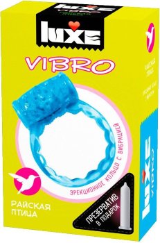 Голубое эрекционное виброкольцо Luxe VIBRO Райская птица + презерватив